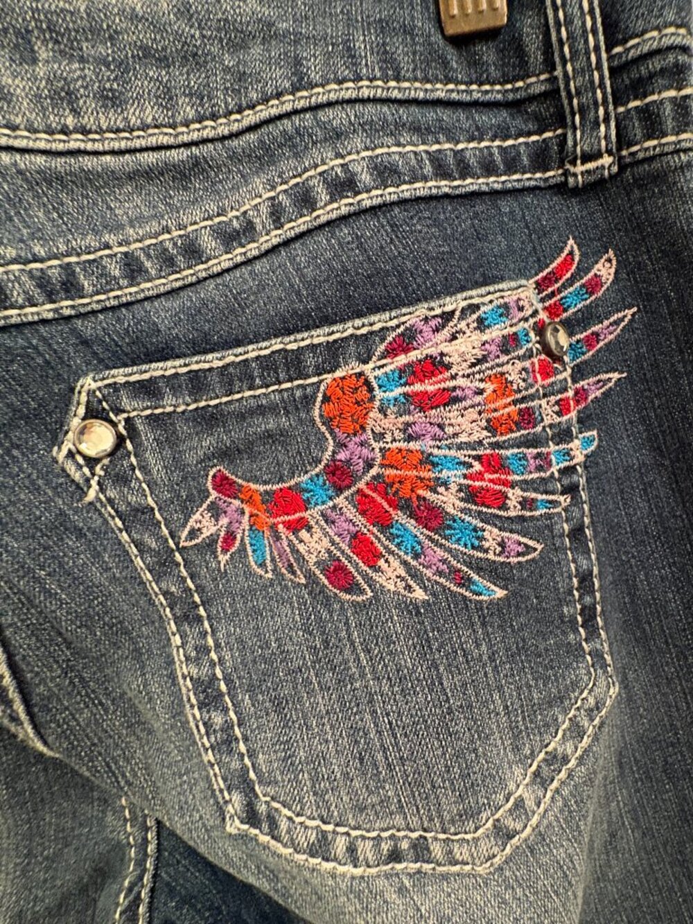Wrangler Rock 47 Ultra Low Rise Bootcut Colorful Embroidered Wings Design 7/8